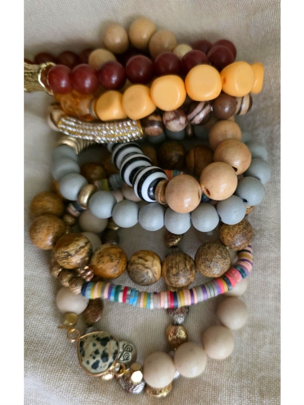 9 Stretchy Bracelet Bundle Wood Glass Stone Crystal